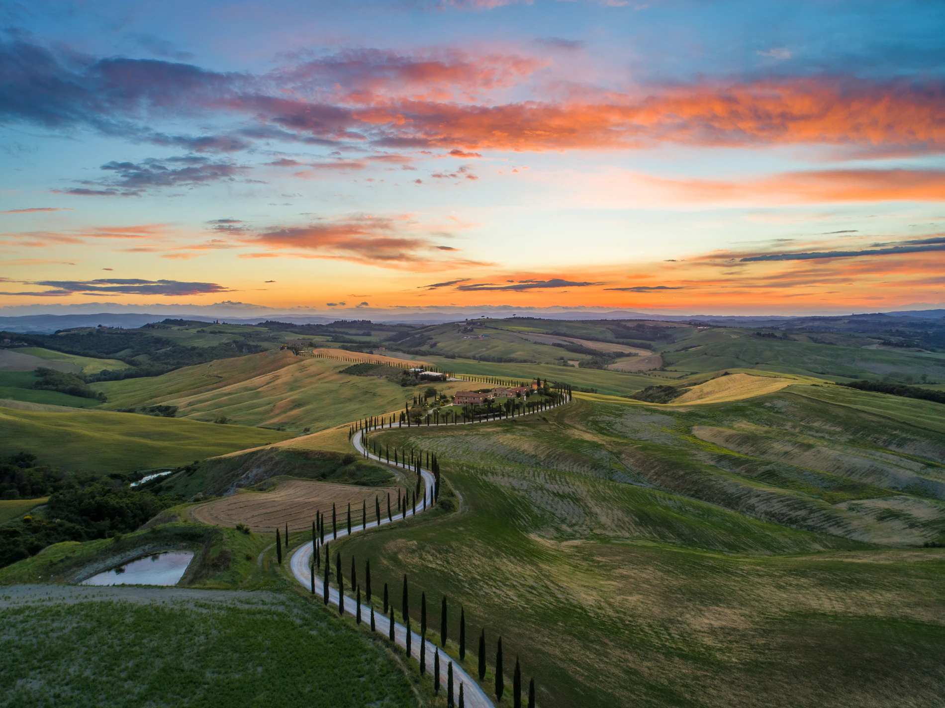 A cypress-lined white road winding through the Tuscan hills