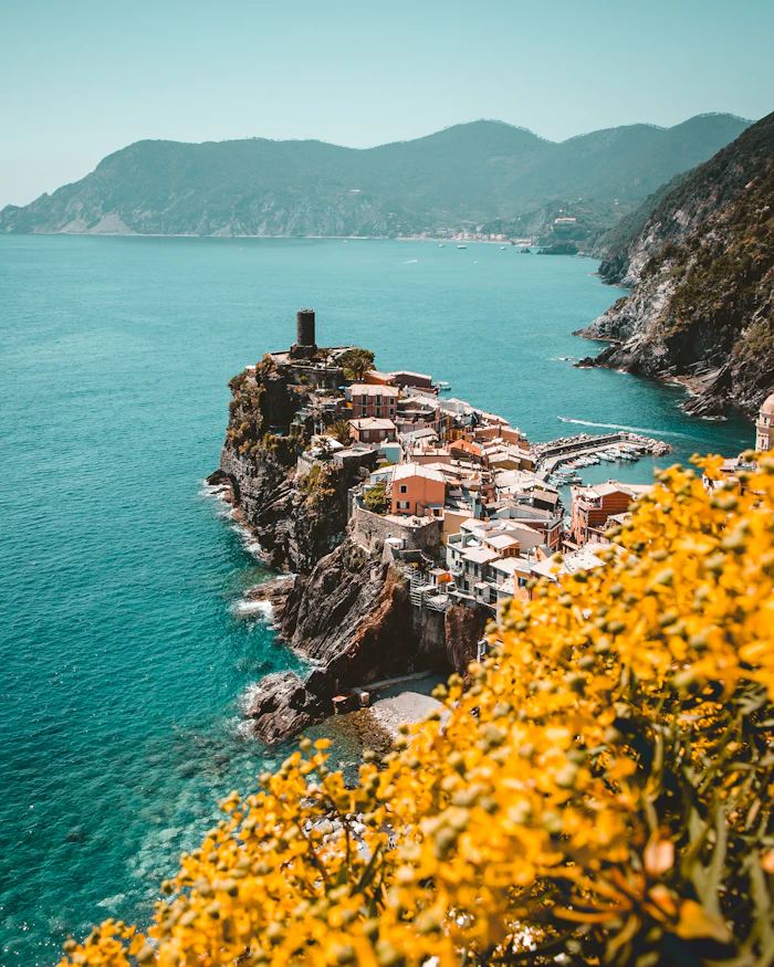 The pastel village of Vernazza on the Ligurian coast, seen from above