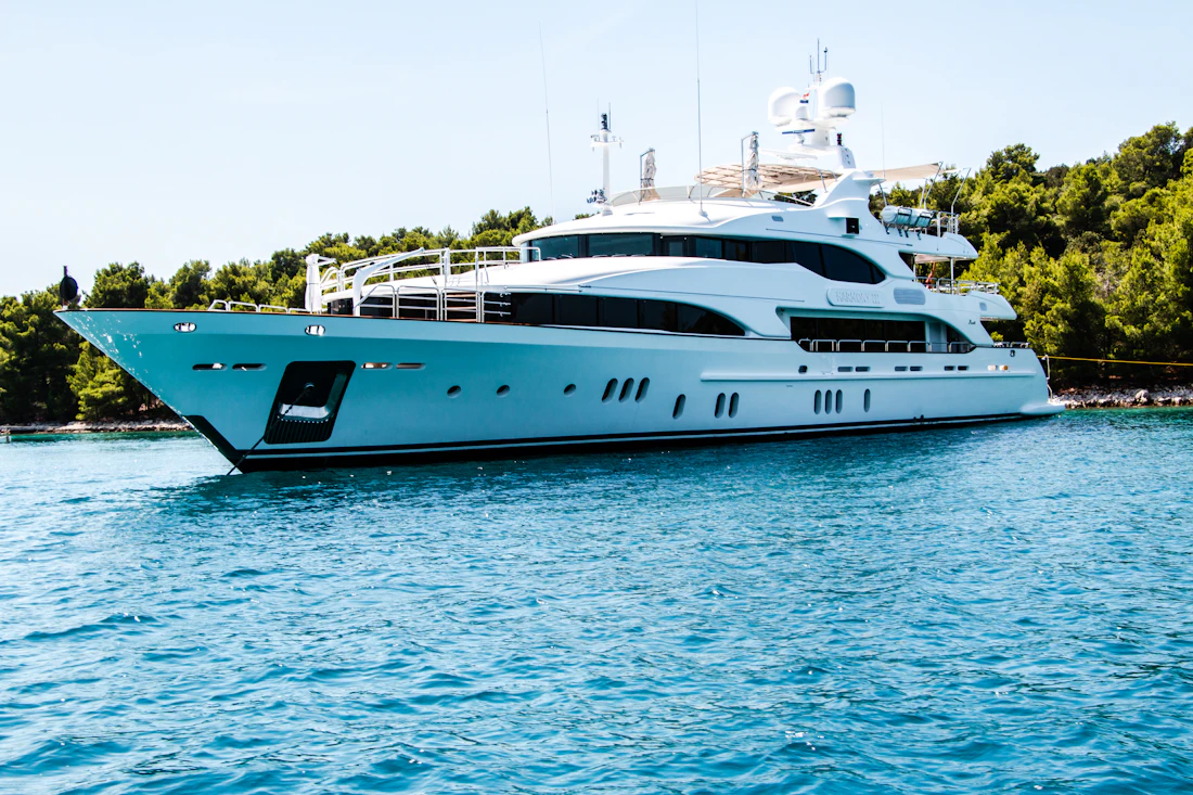 A private boat on the calm sea off the island