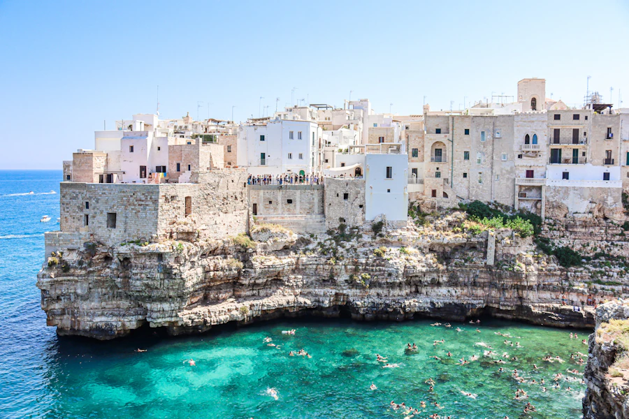 The whitewashed town of Polignano a Mare on its cliffs above the Adriatic